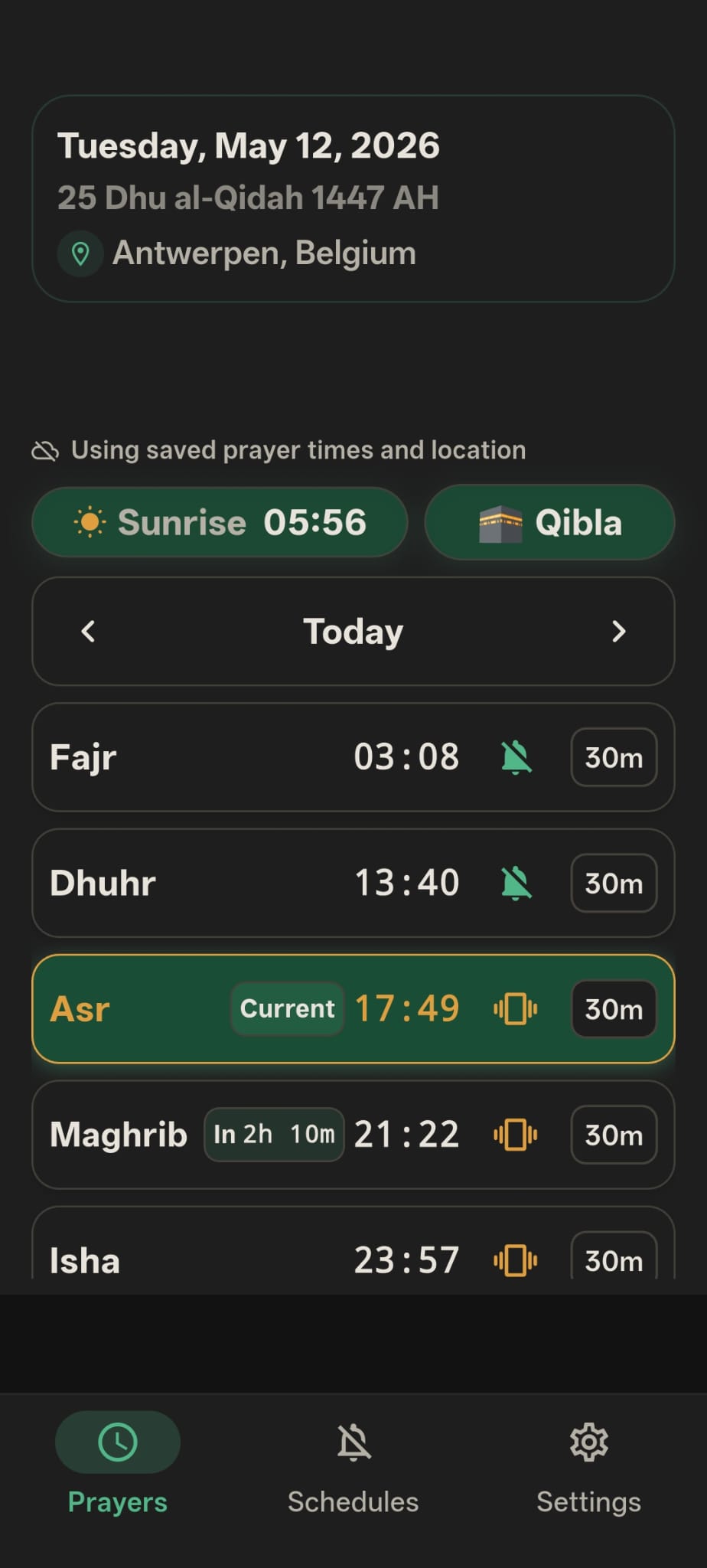 Inqita prayer tab showing prayer times, location, Qibla, modes, and quiet durations