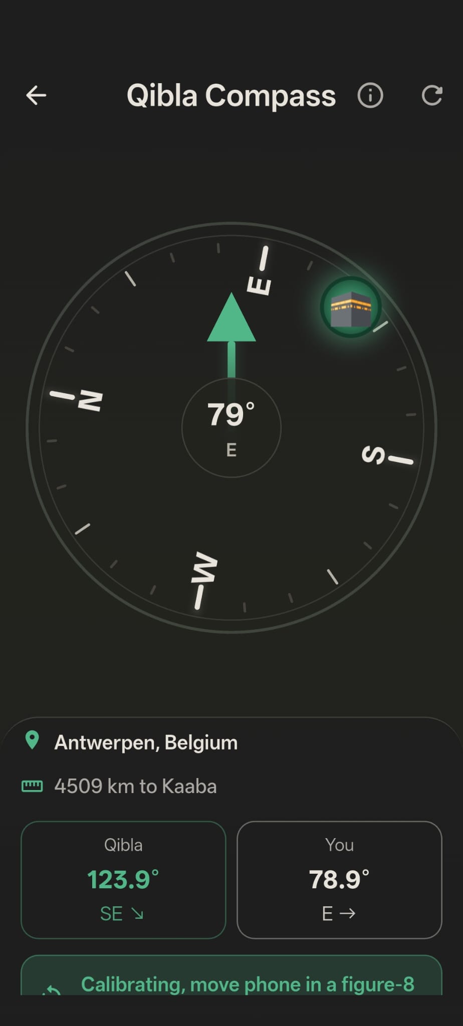 Inqita Qibla compass showing direction, location, and distance to Kaaba