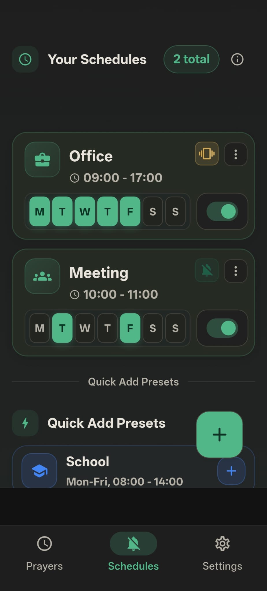Inqita schedules tab showing Office and Meeting schedules with days, times, and mode choices